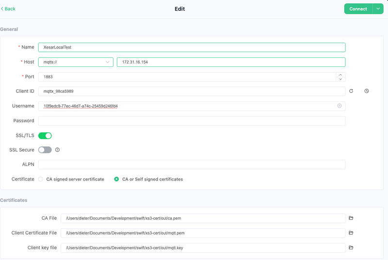 MQTTX Client configuration.